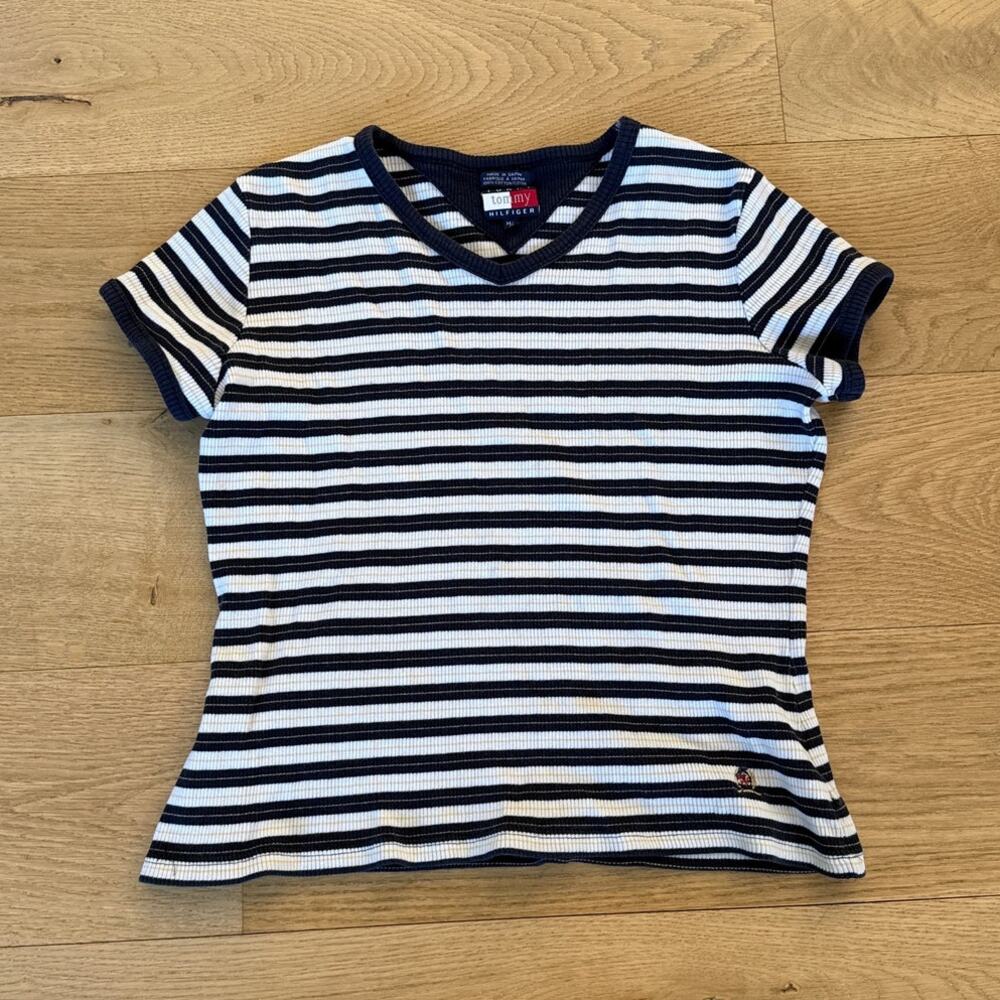 Tommy Hilfiger V Neck Tee Striped Size M Navy Blue White